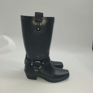 Bogs Dakota Tall Boots Rubber Pull On Low Heel Harness Black Square Toe Womens 7